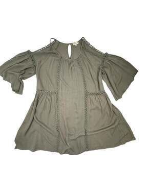 Blushing Heart Olive Green Crochet Cold Shoulder Bell Sleeve Boho Rayon Tunic To
